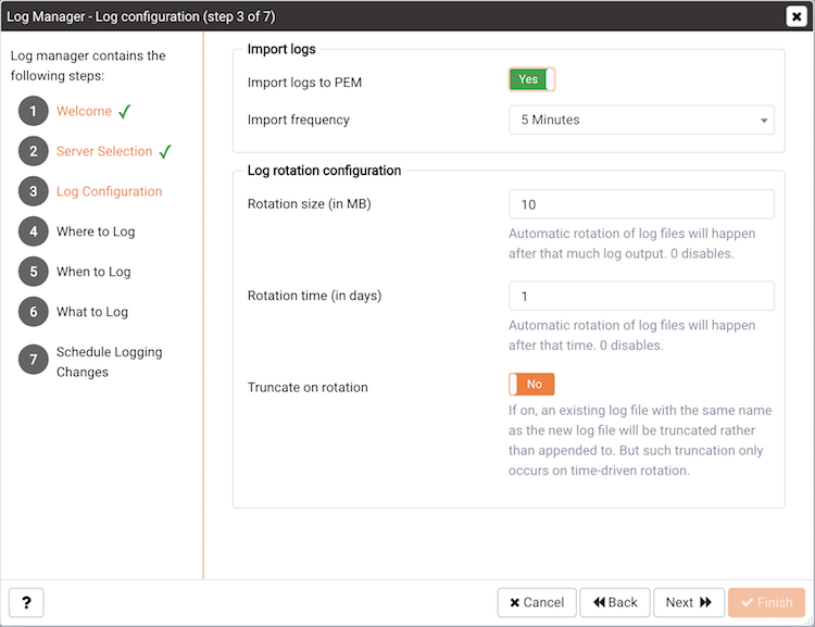 The Log Manager Log configuration dialog