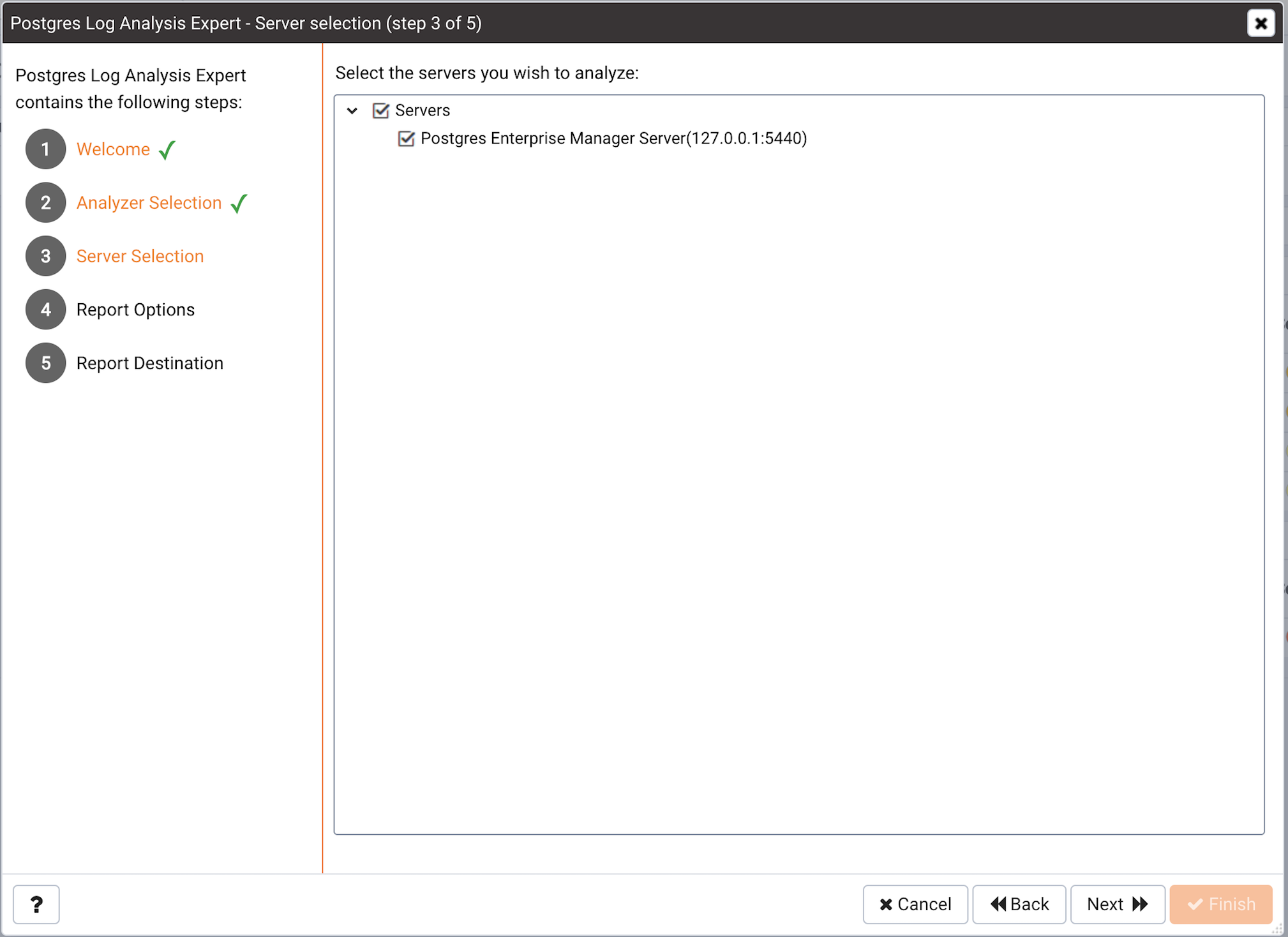 The Server selection dialog