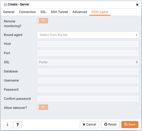 The PEM Agent tab of the Create – Server dialog