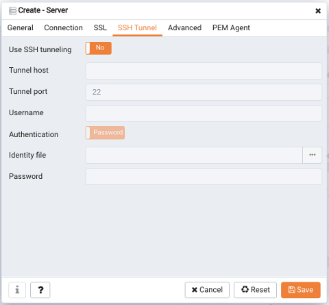 The SSH Tunnel tab of the Create – Server dialog