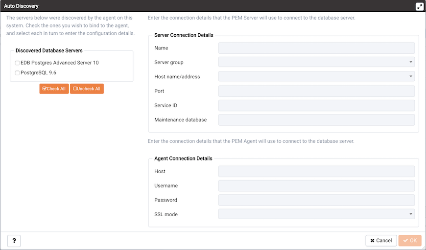 The PEM Auto Discovery dialog