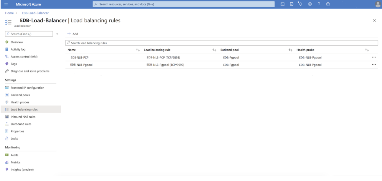 Load balancing rules in Azure console