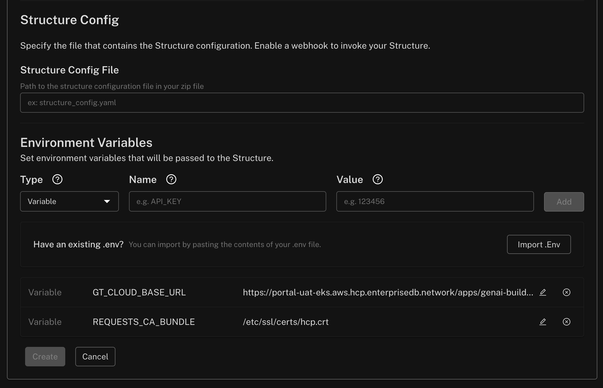Screenshot of environment variables to be set in the UI