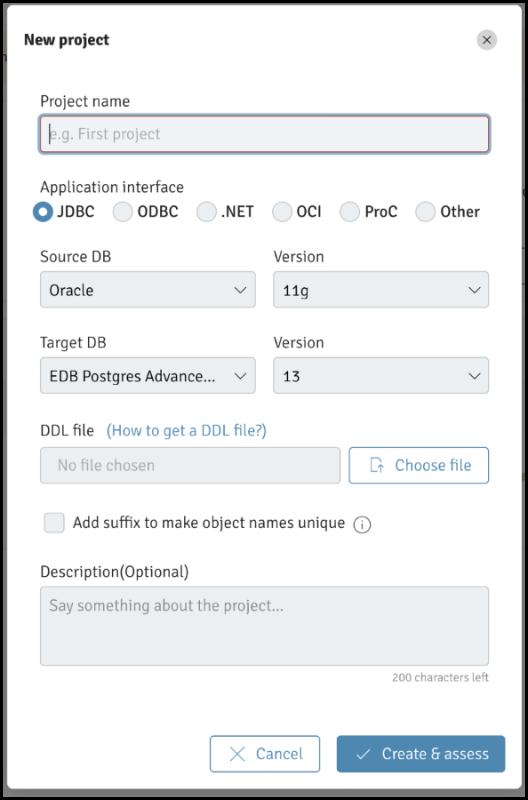The Migration Portal New project dialog