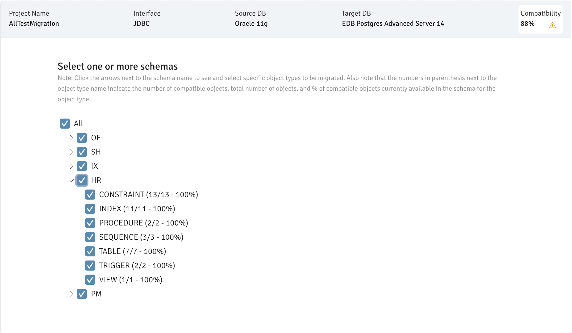 Schema and objects are selected