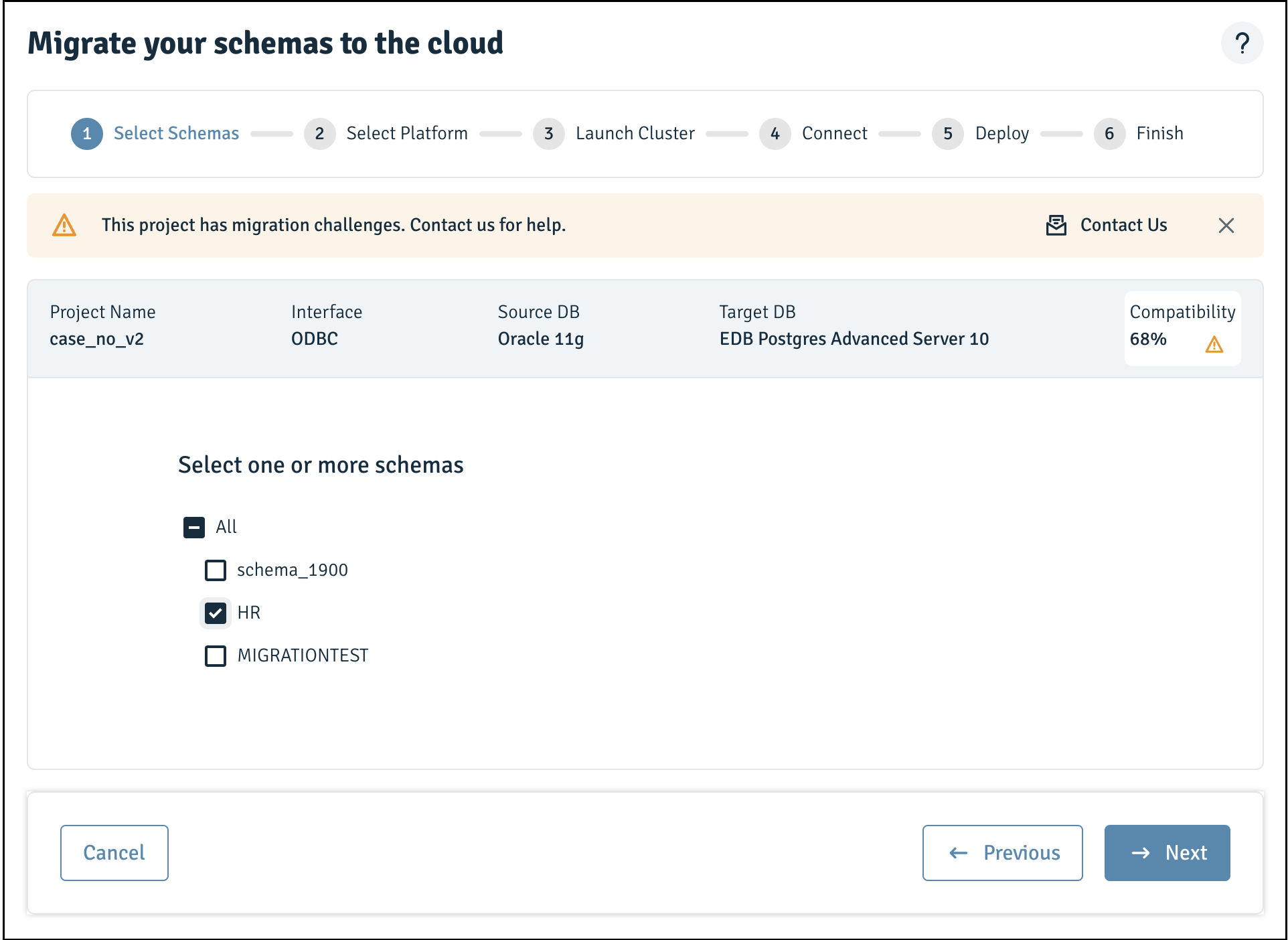 Selecting schemas for migration