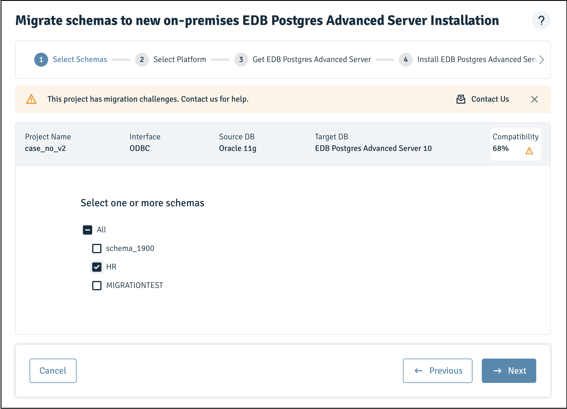 Selecting schemas for migration