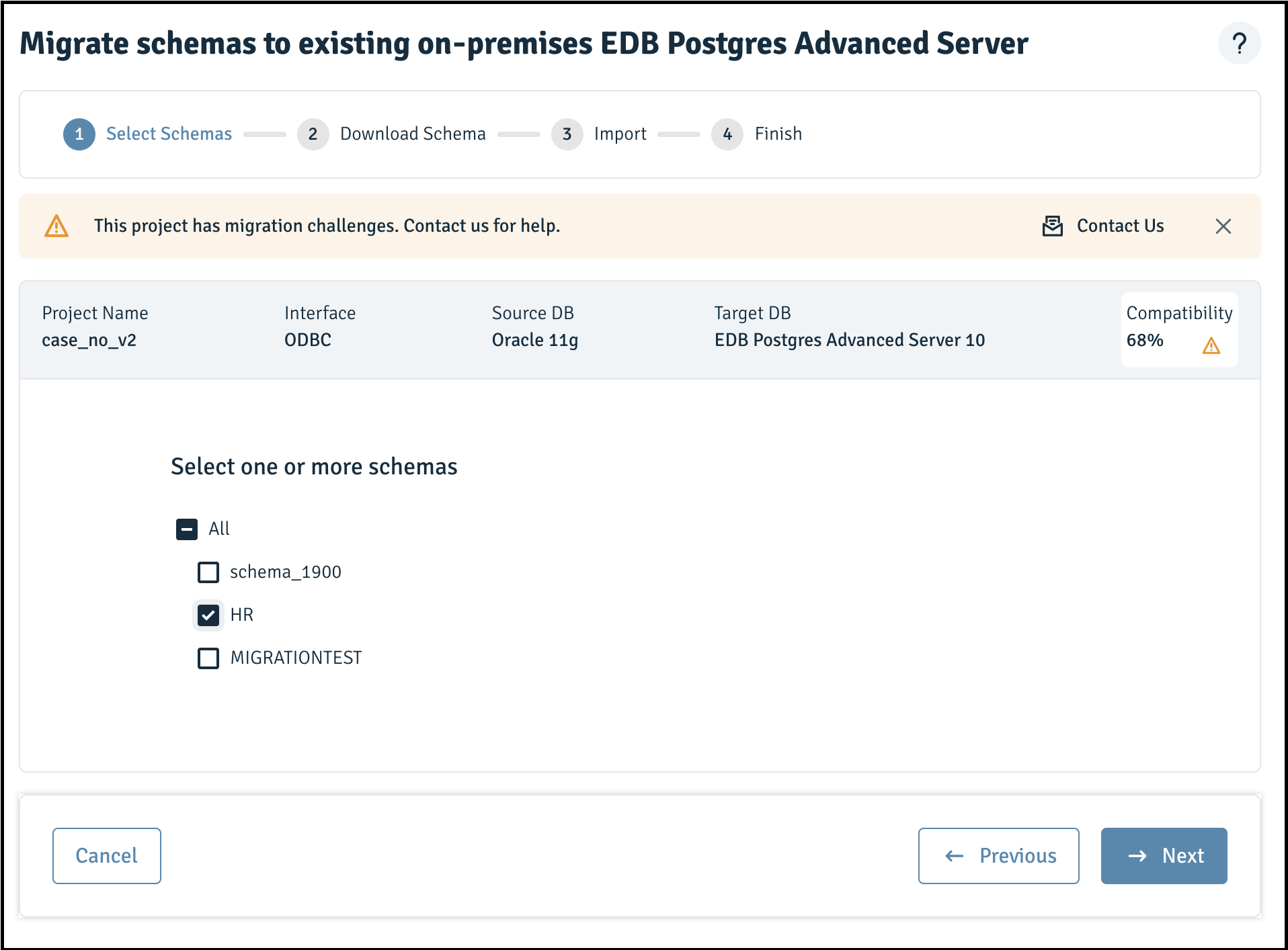 Selecting schemas for migration