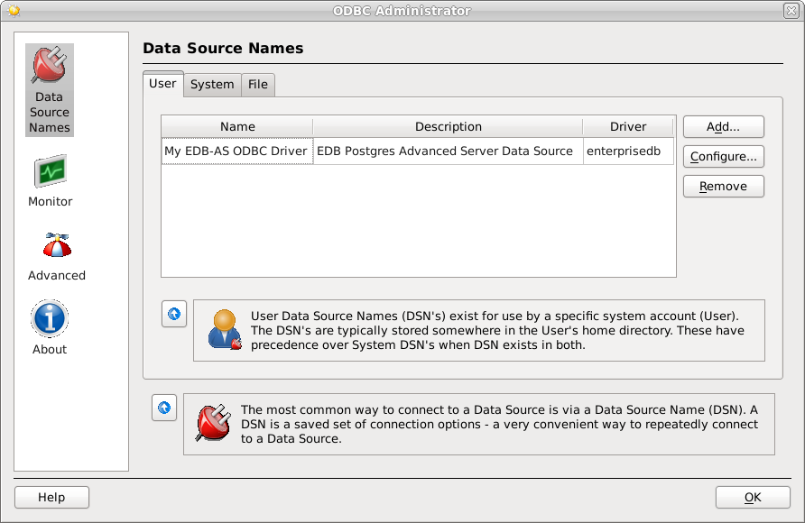 The new data source is included on the Data Source Names list