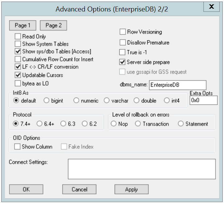 Page 2 of the Advanced Options dialog