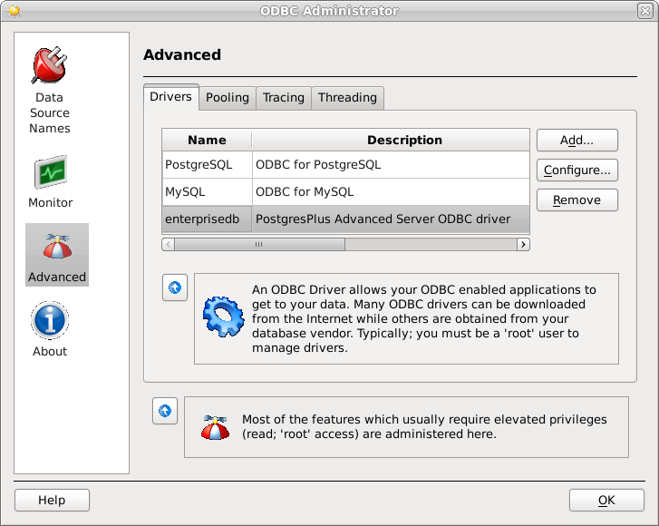 The Drivers tab shows the installed EDB-ODBC driver