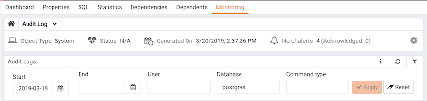 The Audit Log dashboard filters panel