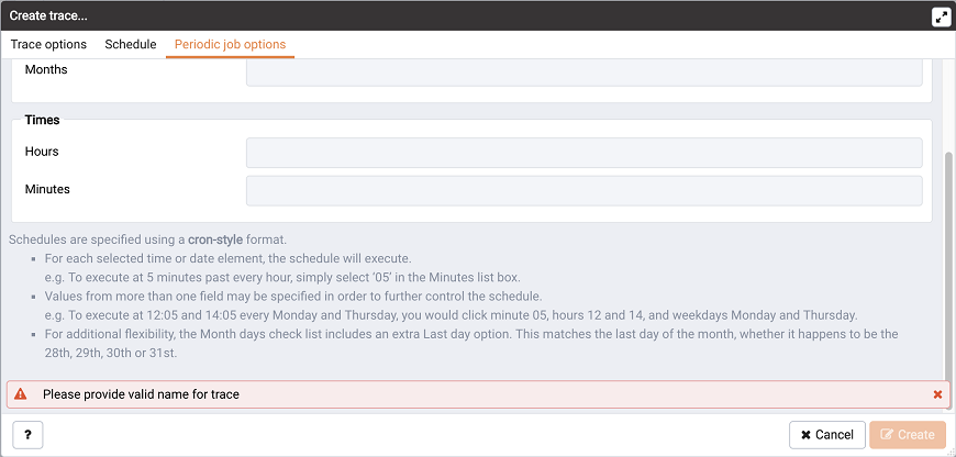 The Create trace Periodic job options tab