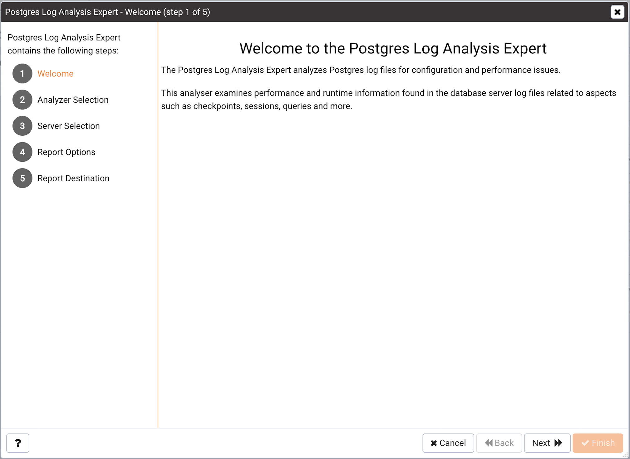 The Log Analysis Expert Welcome dialog