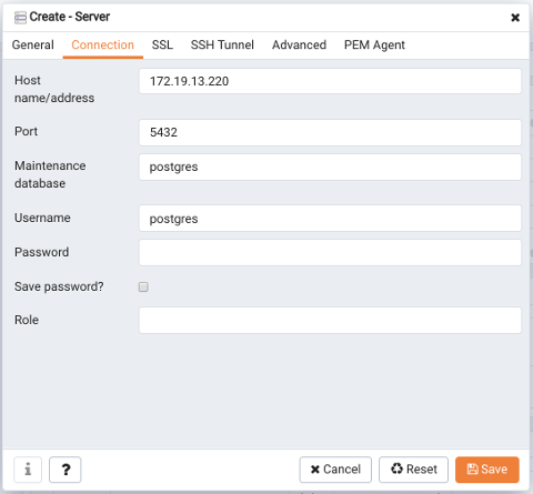 The Connection tab of the Create – Server dialog