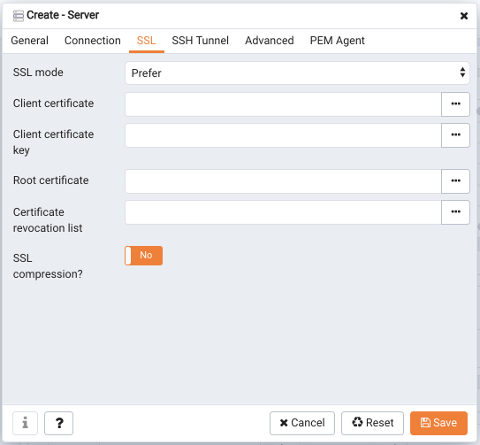 The SSL tab of the Create – Server dialog