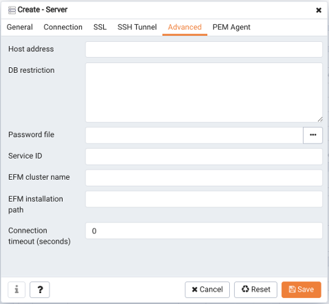 The Advanced tab of the Create – Server dialog