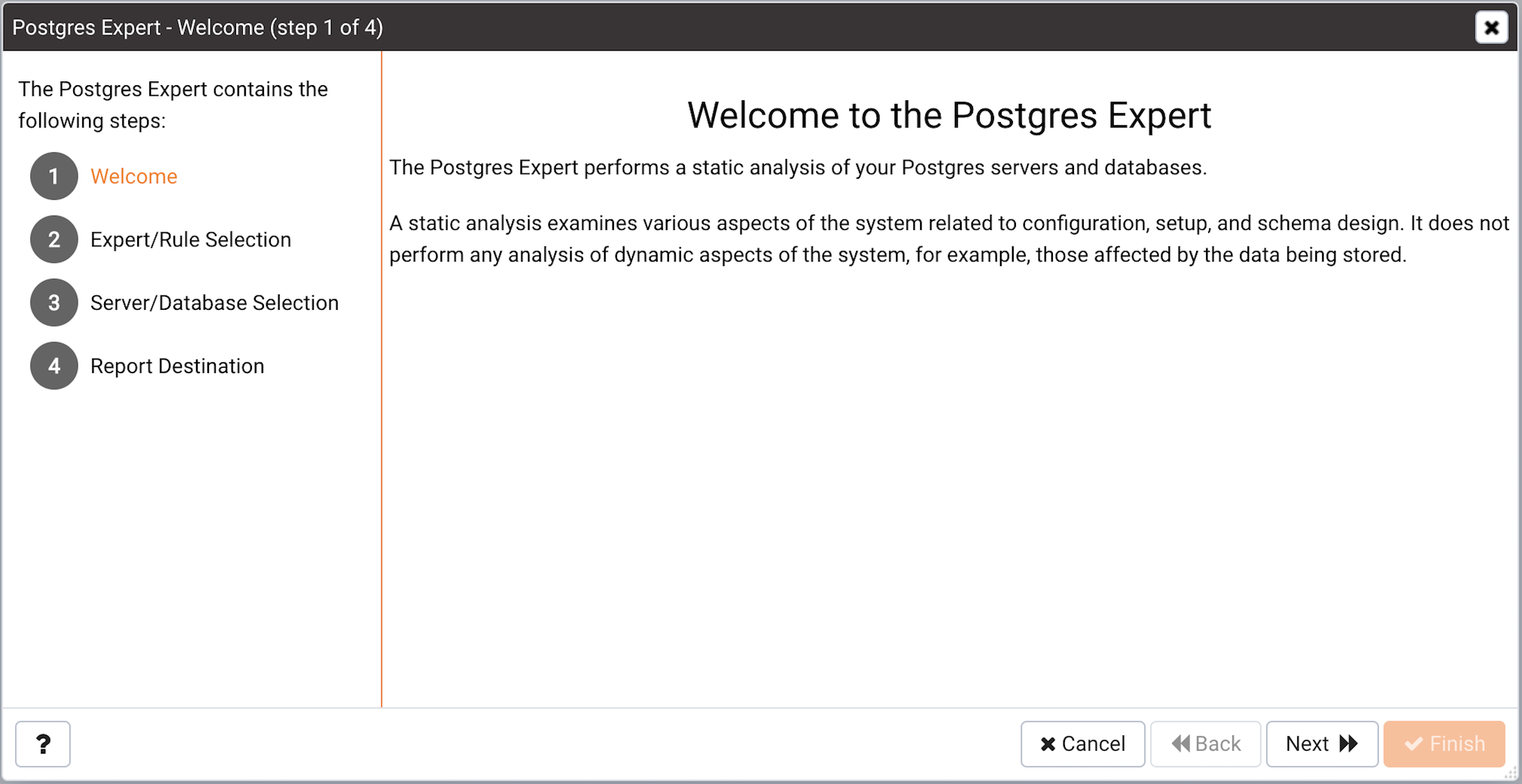 The Postgres Expert Welcome dialog