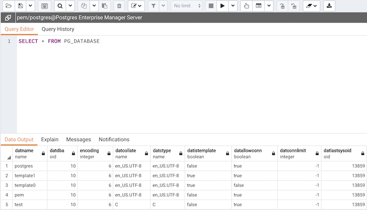 Query tool output panel