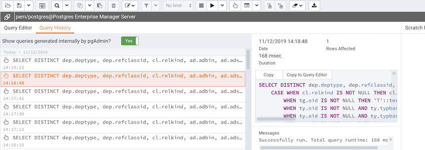 Query tool history panel