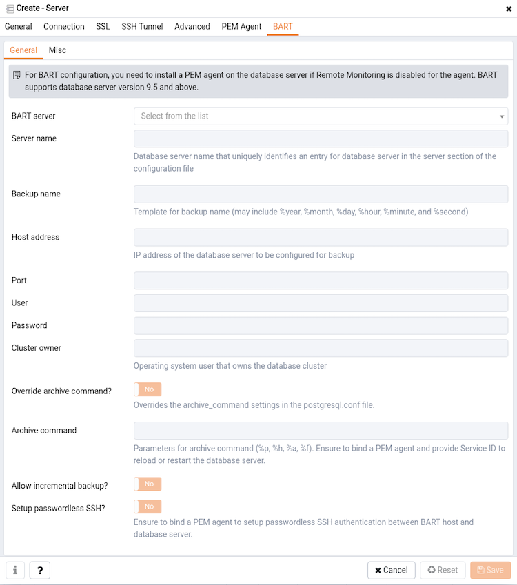 The Create Server dialog (BART - General tab)