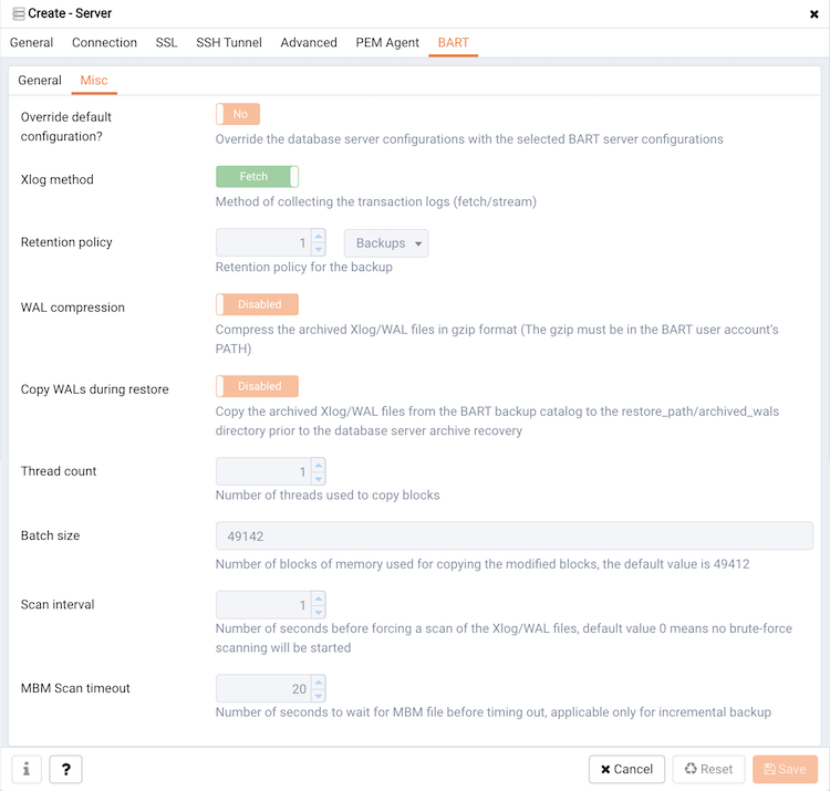 The Create server dialog (BART - Misc tab)