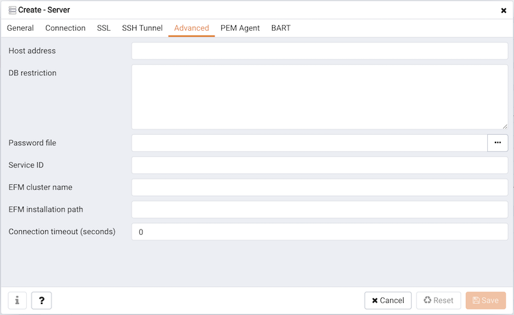 The Advanced tab of the Create – Server dialog