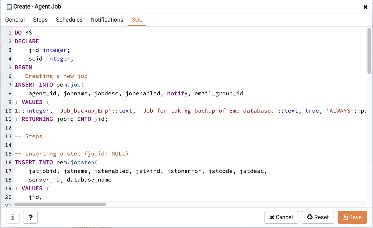 PEM scheduled job SQL tab