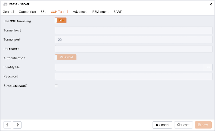 The SSH Tunnel tab of the Create – Server dialog