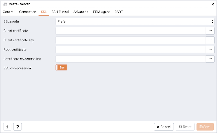 The SSL tab of the Create – Server dialog
