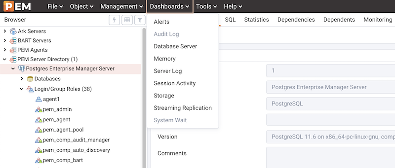 The Dashboards menu