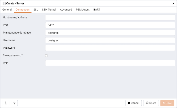 The Connection tab of the Create – Server dialog