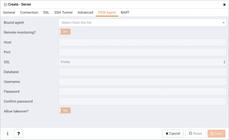 The PEM Agent tab of the Create – Server dialog