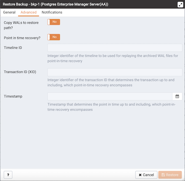 The Restore Backup dialog - Advanced