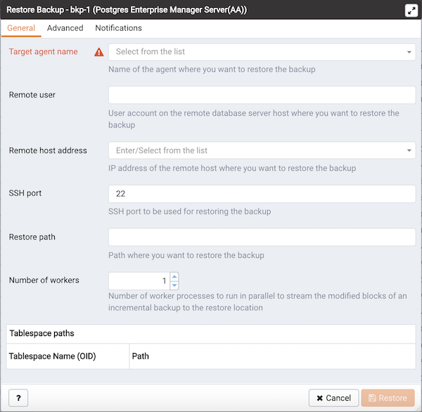 The Restore Backup dialog - General