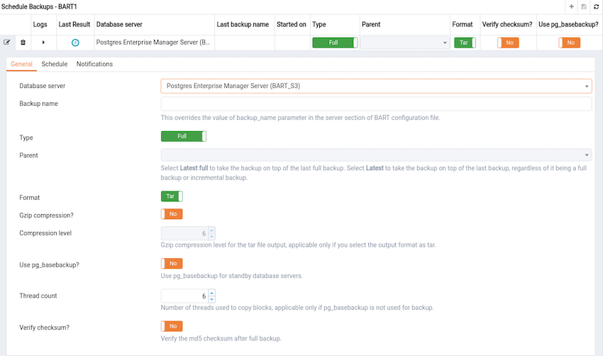 The BART backup scheduler dialog -General