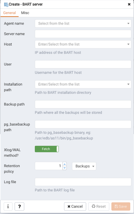 Create BART server dialog - Misc tab