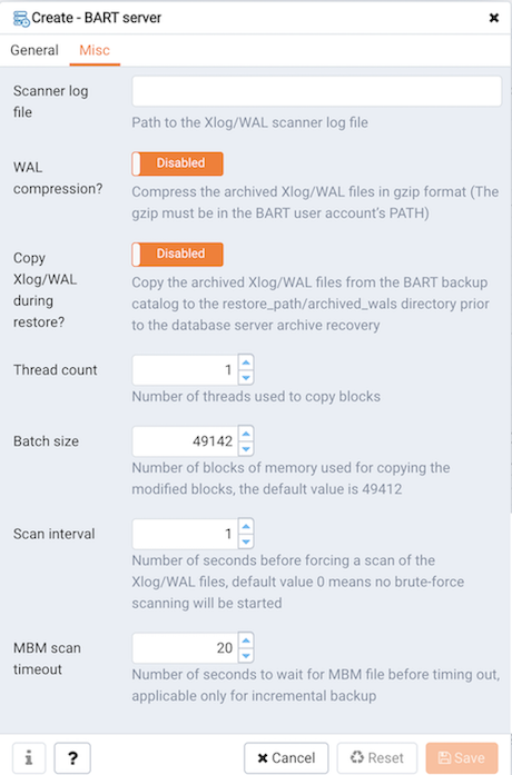 Create BART server dialog - Misc tab