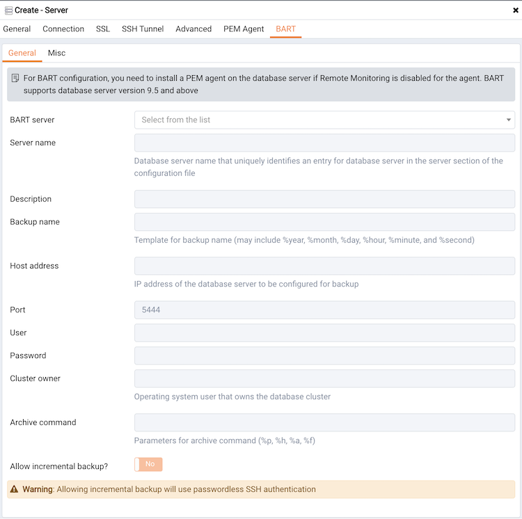 The Create Server dialog (BART - General tab)