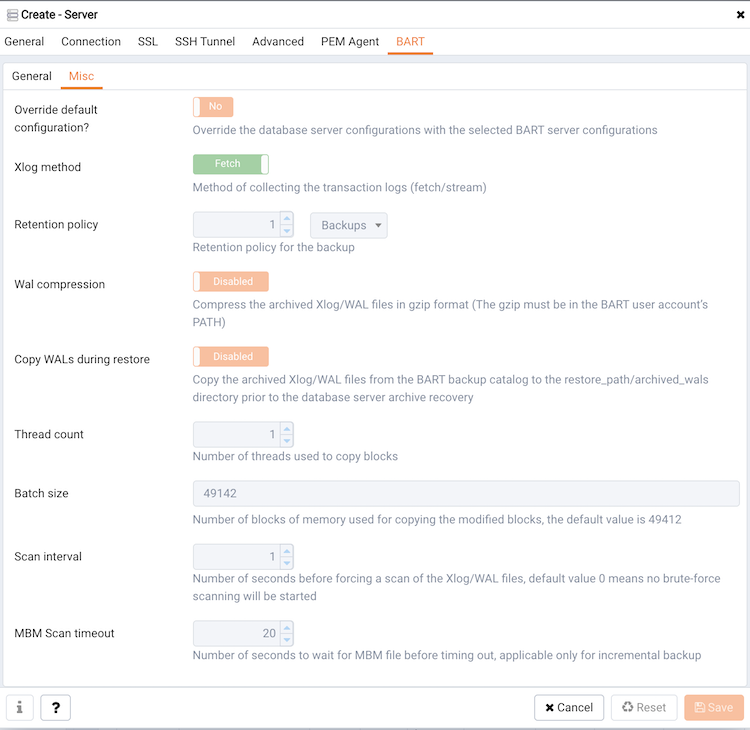 The Create server dialog (BART - Misc tab)