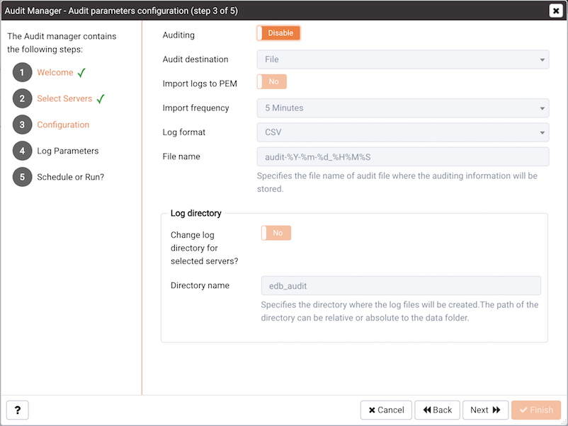 The Auditing Parameters Configuration dialog