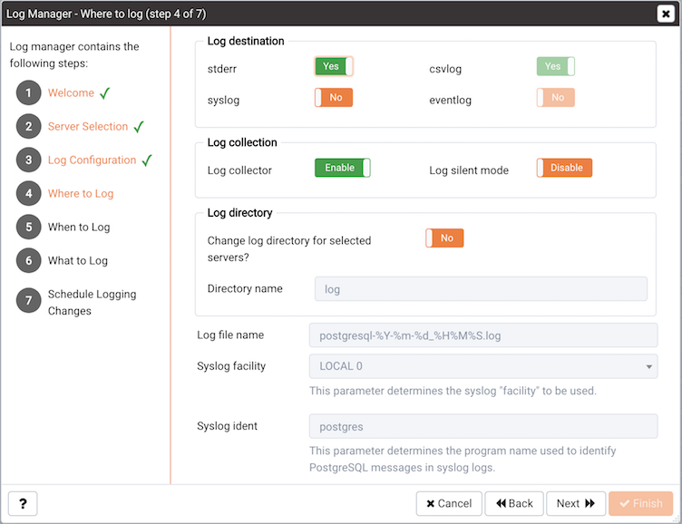 The Where to Log dialog