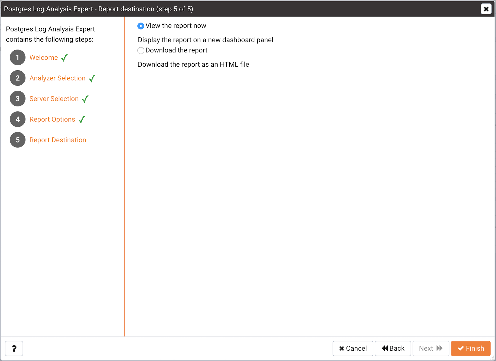 The Report destination dialog