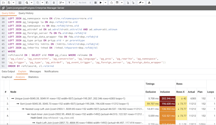 Query tool explain plan table