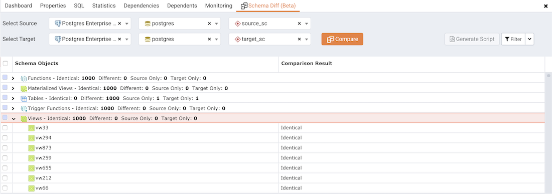 Schema diff comparison results