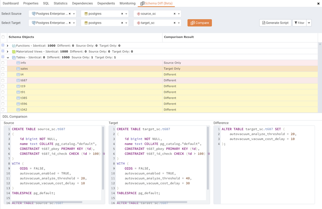 schema diff dialog