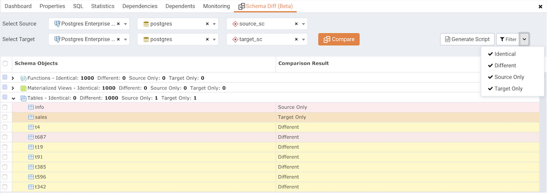 Schema diff filter option