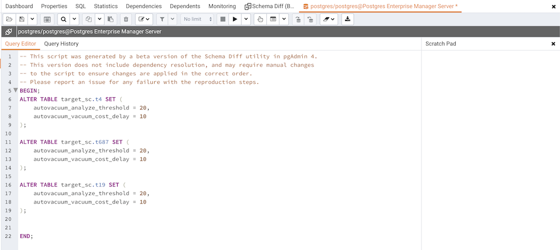 Schema diff generate script query editor