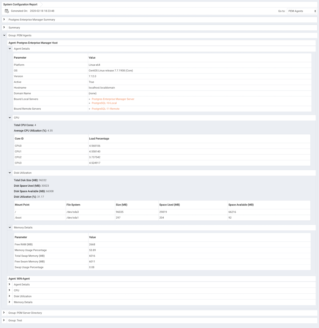 System Configuration Report PEM Agents