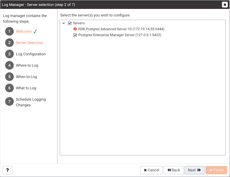 The Log Manager Server selection dialog